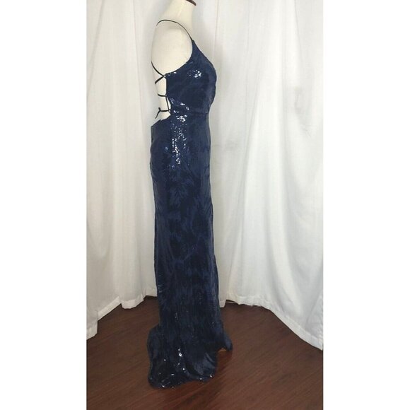 JULES AND CLEO Maxi Dress 8 Formal Gown Navy Sequin Strappy Open Back Prom - Picture 13 of 15